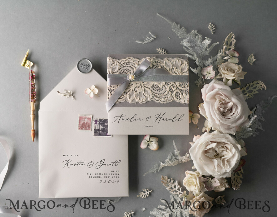 WEDDING INVITATIONS vintage lace/ rustic lace Vintage Lace Wedding Invitations Elegant Grey Ivory ribbon and Bow