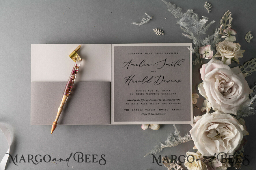 WEDDING INVITATIONS vintage lace/ rustic lace Vintage Lace Wedding Invitations Elegant Grey Ivory ribbon and Bow