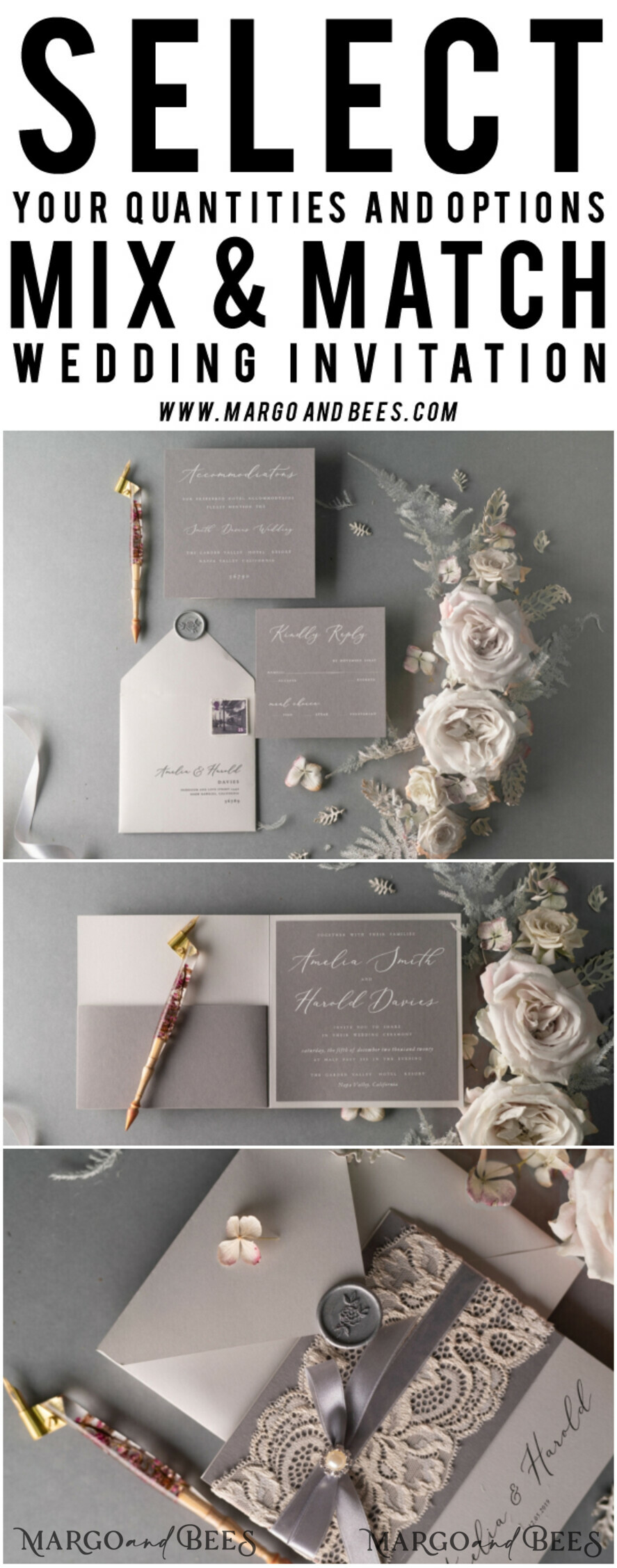 WEDDING INVITATIONS vintage lace/ rustic lace Vintage Lace Wedding Invitations Elegant Grey Ivory ribbon and Bow