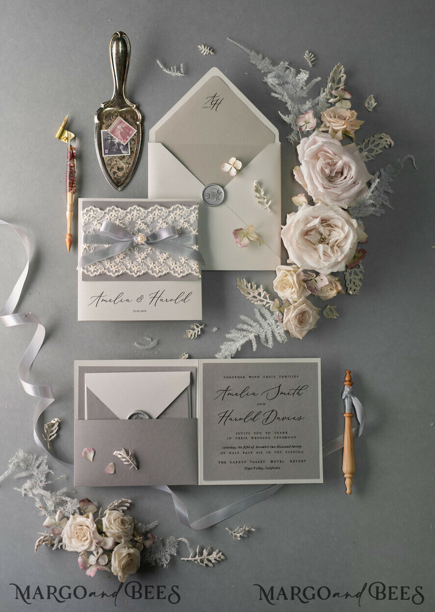 WEDDING INVITATIONS vintage lace/ rustic lace Vintage Lace Wedding Invitations Elegant Grey Ivory ribbon and Bow