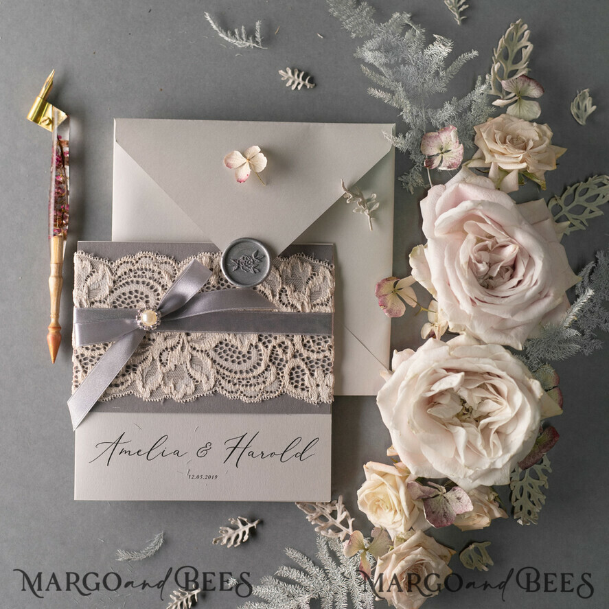 WEDDING INVITATIONS vintage lace/ rustic lace Vintage Lace Wedding Invitations Elegant Grey Ivory ribbon and Bow