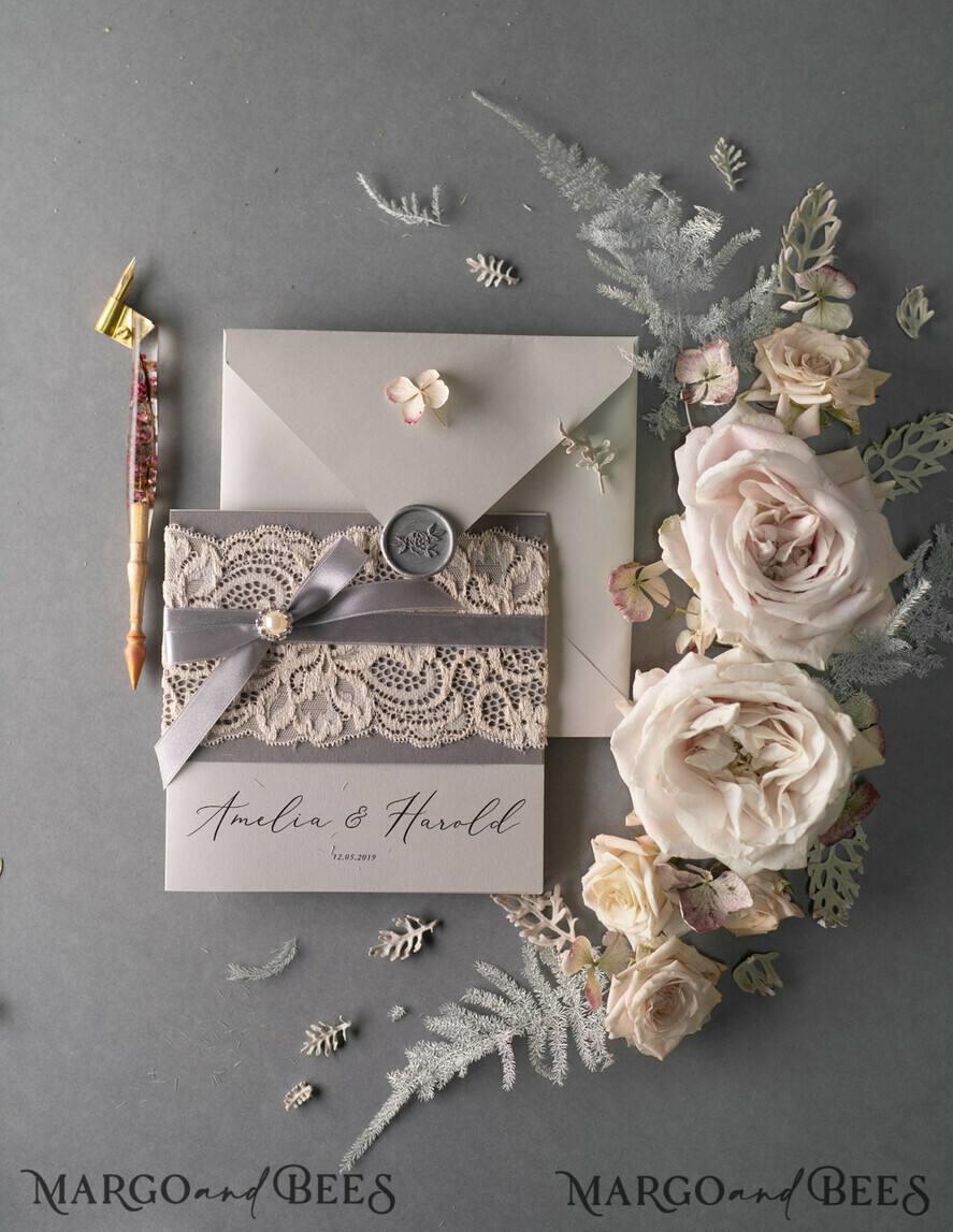 WEDDING INVITATIONS vintage lace/ rustic lace Vintage Lace Wedding Invitations Elegant Grey Ivory ribbon and Bow