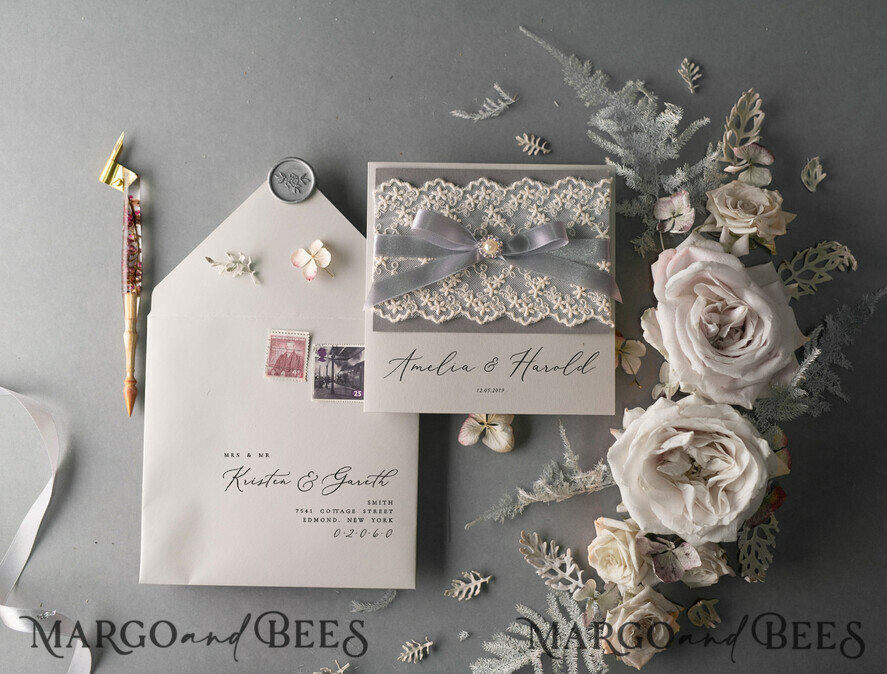 WEDDING INVITATIONS vintage lace/ rustic lace Vintage Lace Wedding Invitations Elegant Grey Ivory ribbon and Bow