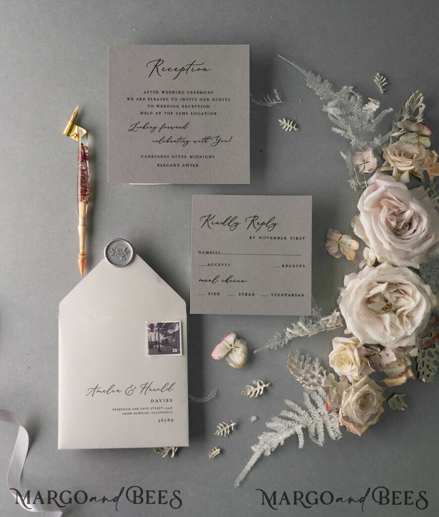 WEDDING INVITATIONS vintage lace/ rustic lace Vintage Lace Wedding Invitations Elegant Grey Ivory ribbon and Bow