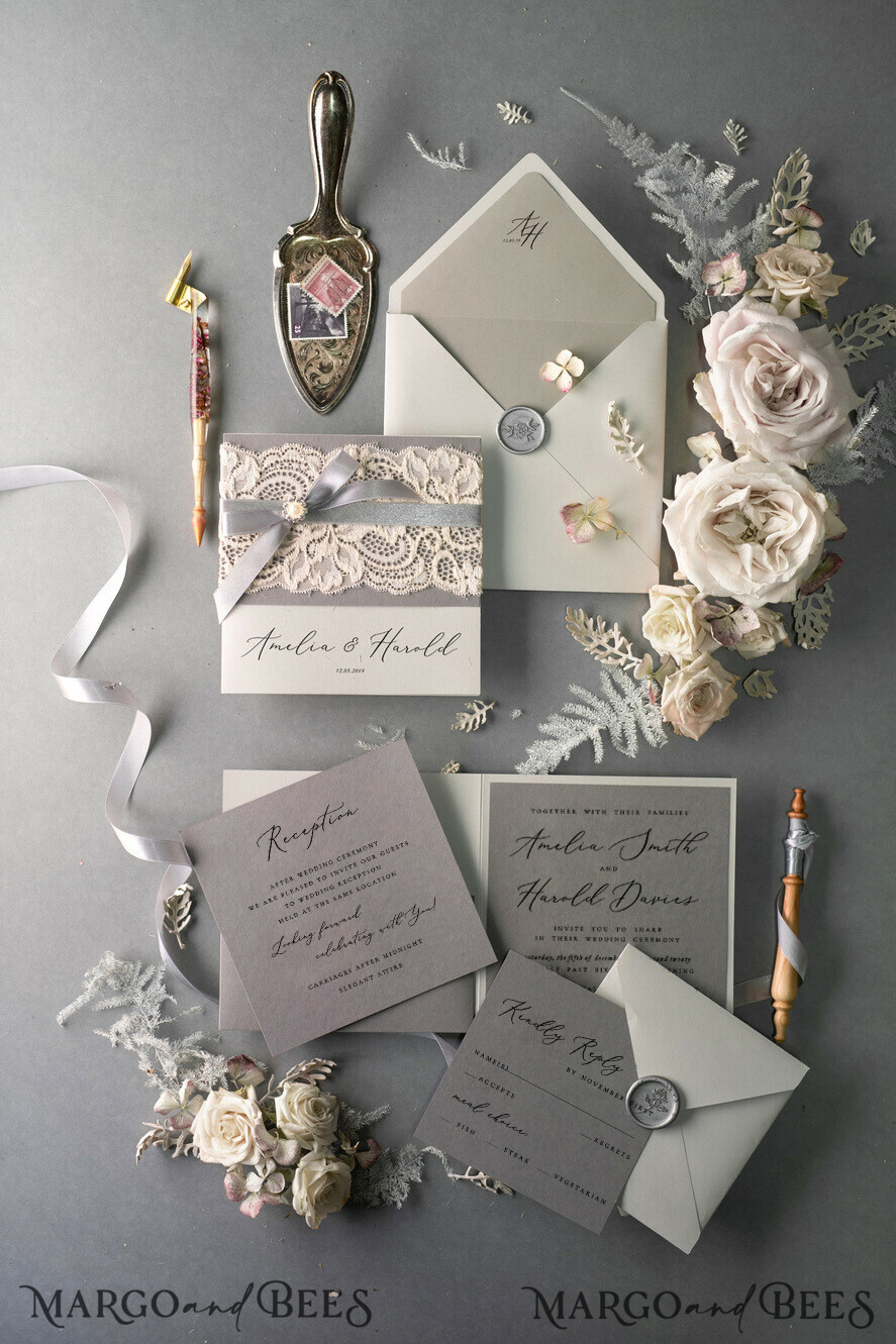 WEDDING INVITATIONS vintage lace/ rustic lace Vintage Lace Wedding Invitations Elegant Grey Ivory ribbon and Bow