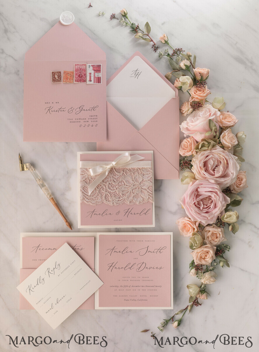 WEDDING INVITATIONS vintage lace/ rustic lace Elegant Wedding Stationery Vintage Lace Presonalized Invitation Ivory Bowl and Moody Rose Pink