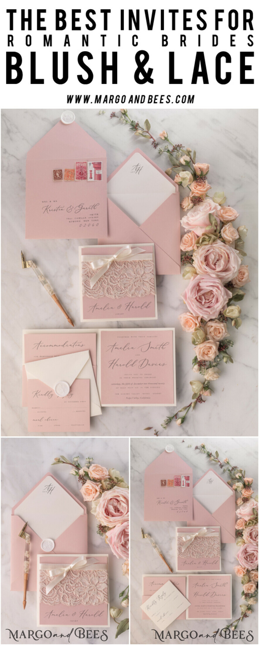 WEDDING INVITATIONS vintage lace/ rustic lace Elegant Wedding Stationery Vintage Lace Presonalized Invitation Ivory Bowl and Moody Rose Pink