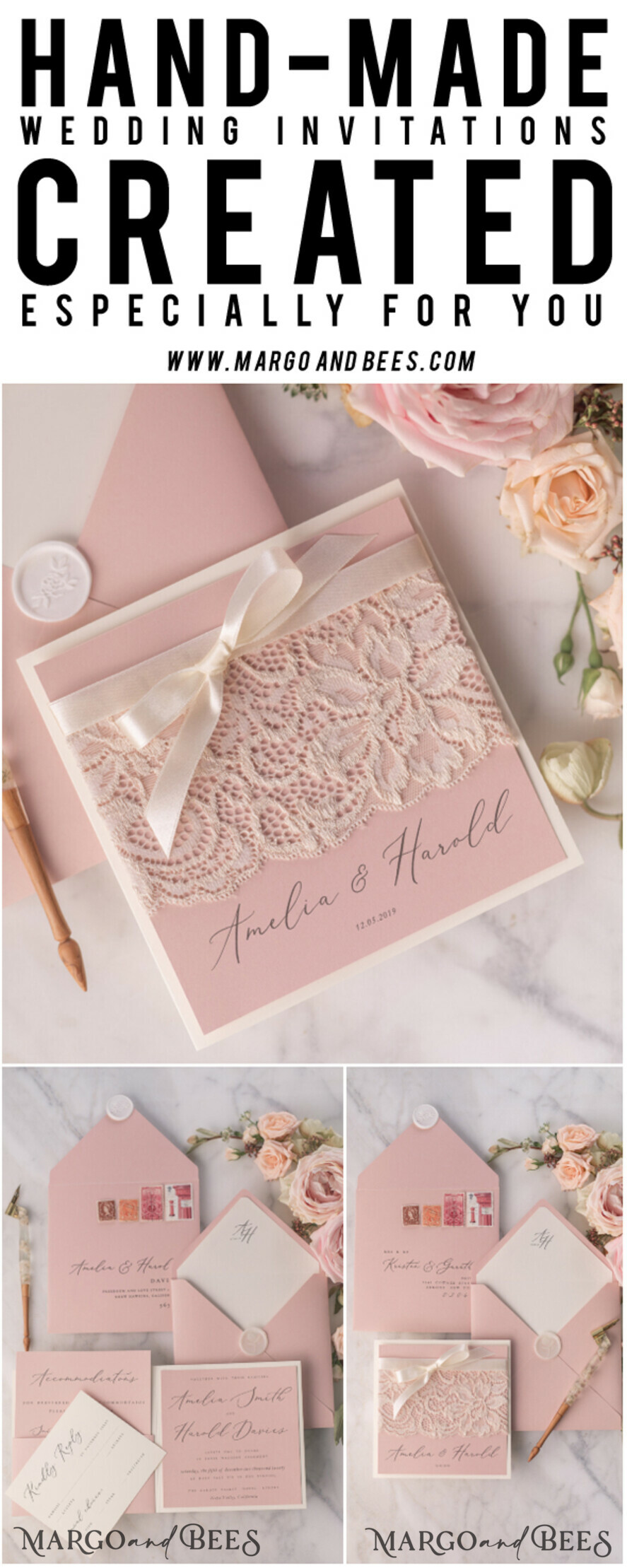 WEDDING INVITATIONS vintage lace/ rustic lace Elegant Wedding Stationery Vintage Lace Presonalized Invitation Ivory Bowl and Moody Rose Pink