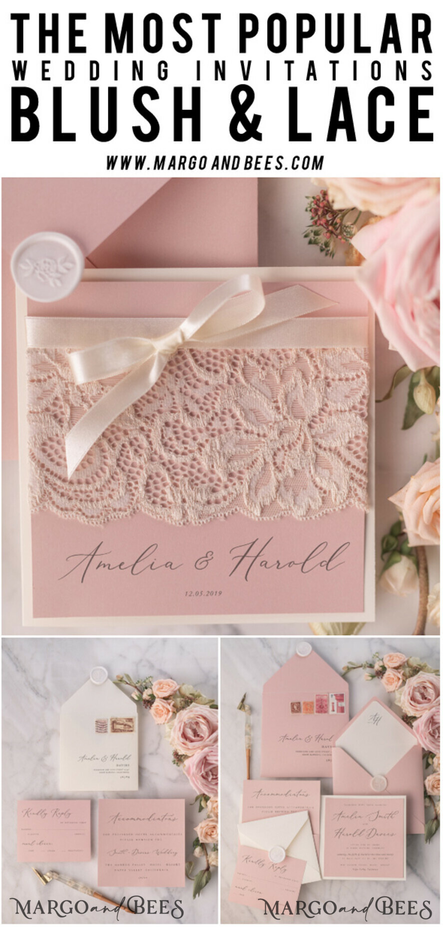 WEDDING INVITATIONS vintage lace/ rustic lace Elegant Wedding Stationery Vintage Lace Presonalized Invitation Ivory Bowl and Moody Rose Pink