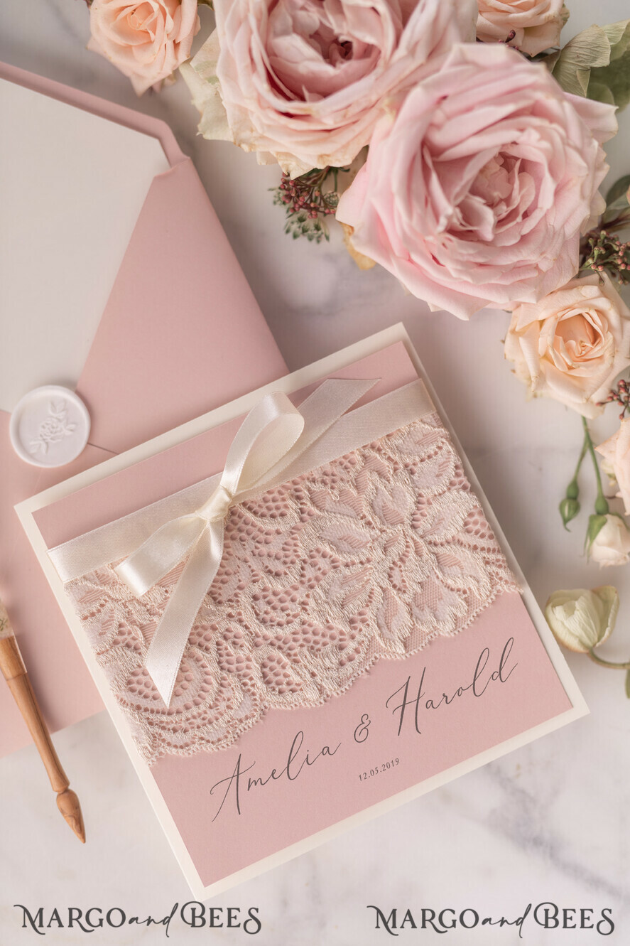WEDDING INVITATIONS vintage lace/ rustic lace Elegant Wedding Stationery Vintage Lace Presonalized Invitation Ivory Bowl and Moody Rose Pink
