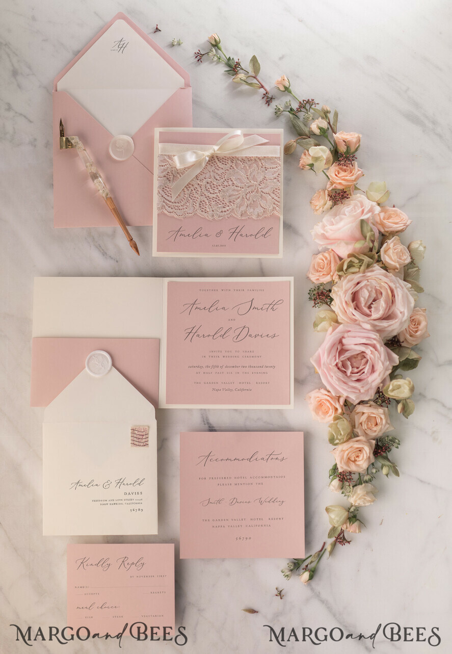 WEDDING INVITATIONS vintage lace/ rustic lace Elegant Wedding Stationery Vintage Lace Presonalized Invitation Ivory Bowl and Moody Rose Pink
