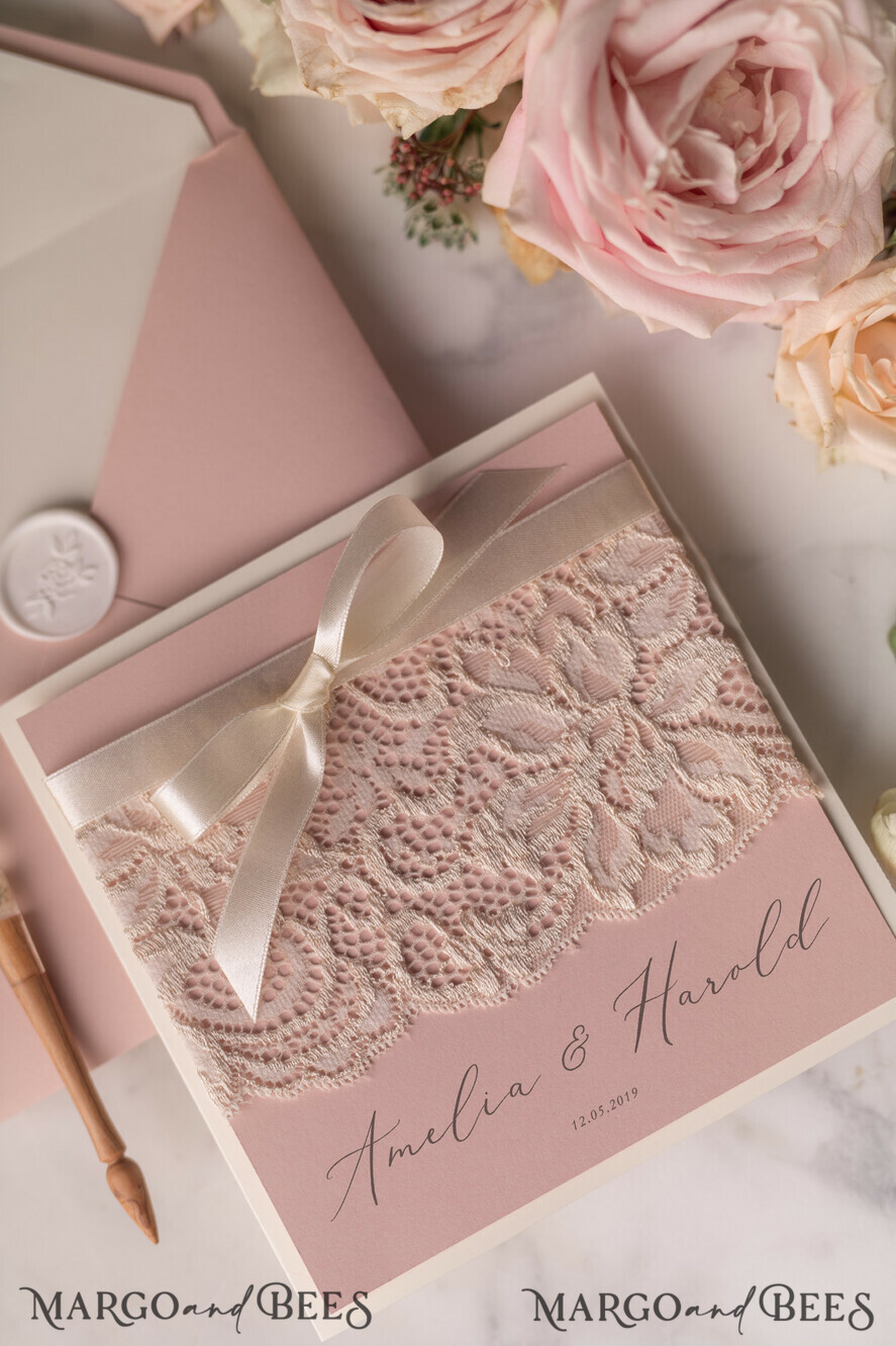 WEDDING INVITATIONS vintage lace/ rustic lace Elegant Wedding Stationery Vintage Lace Presonalized Invitation Ivory Bowl and Moody Rose Pink