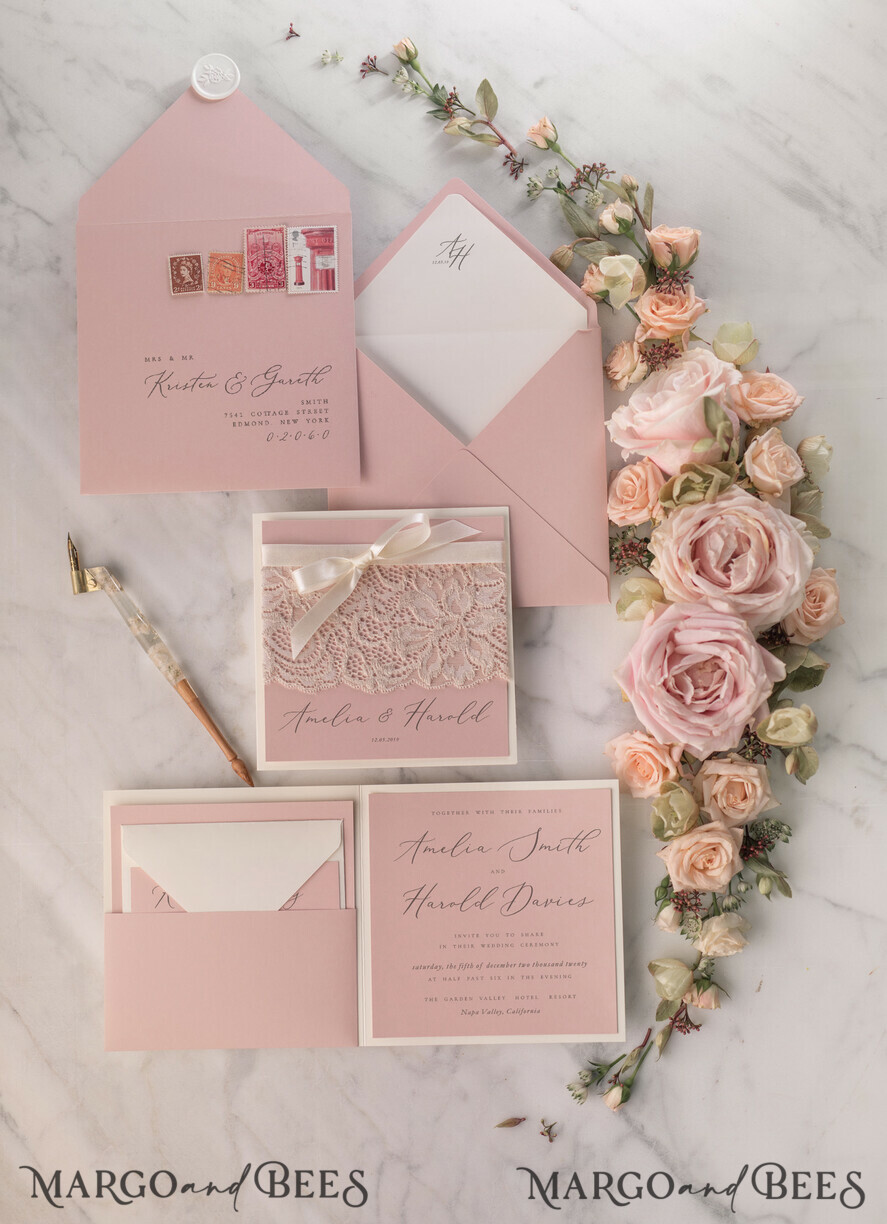 WEDDING INVITATIONS vintage lace/ rustic lace Elegant Wedding Stationery Vintage Lace Presonalized Invitation Ivory Bowl and Moody Rose Pink