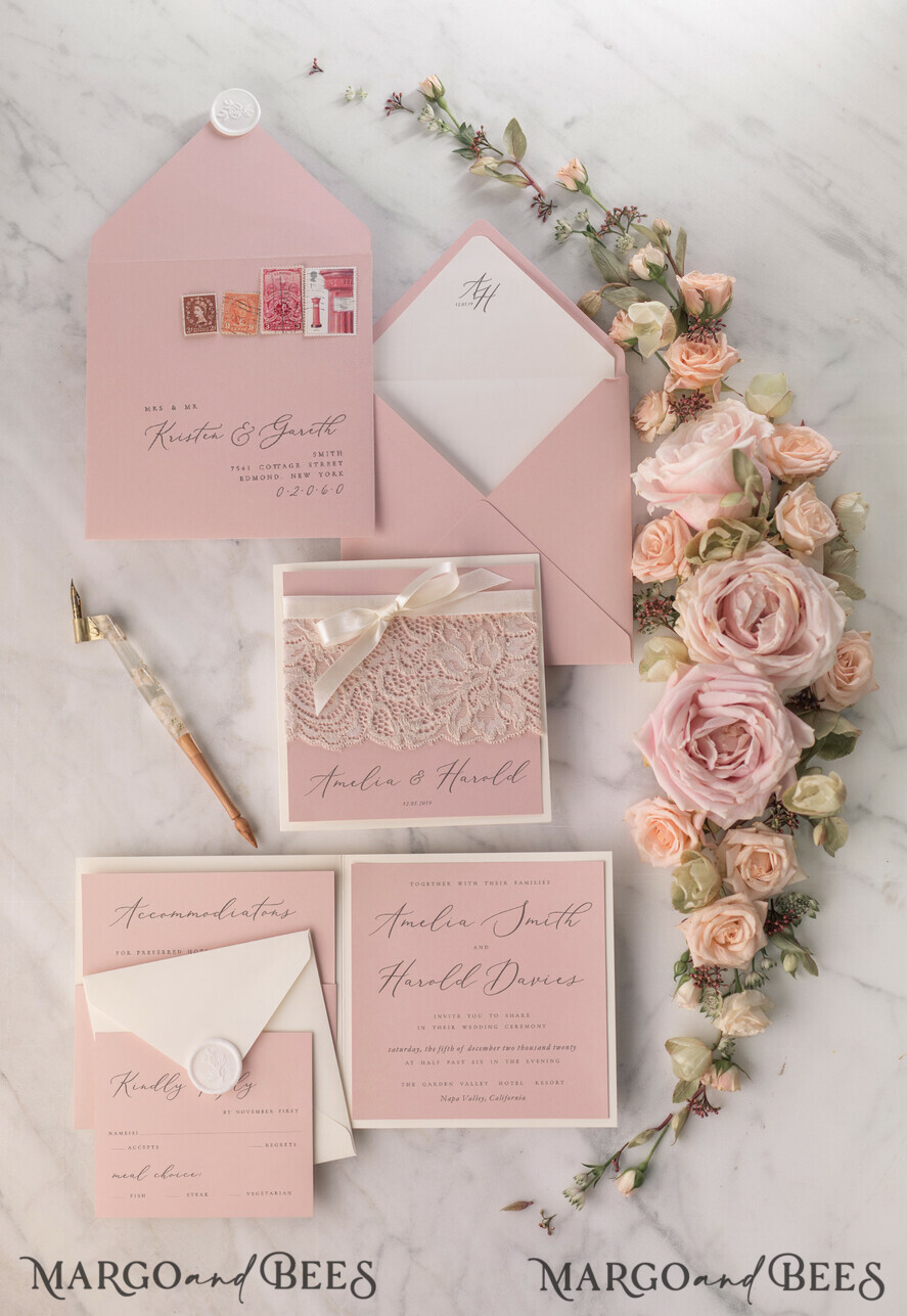 WEDDING INVITATIONS vintage lace/ rustic lace Elegant Wedding Stationery Vintage Lace Presonalized Invitation Ivory Bowl and Moody Rose Pink