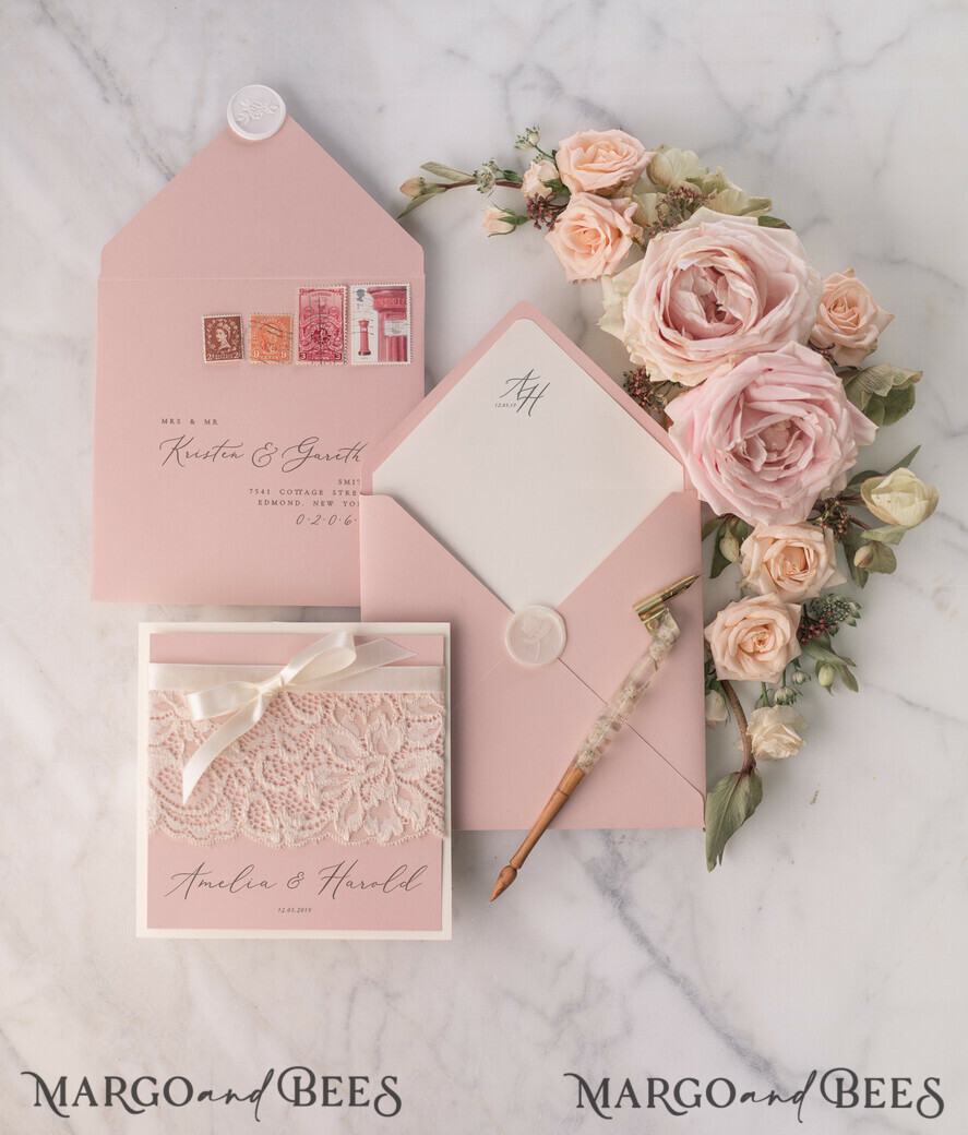 WEDDING INVITATIONS vintage lace/ rustic lace Elegant Wedding Stationery Vintage Lace Presonalized Invitation Ivory Bowl and Moody Rose Pink