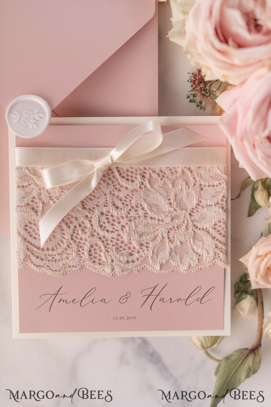 WEDDING INVITATIONS vintage lace/ rustic lace Elegant Wedding Stationery Vintage Lace Presonalized Invitation Ivory Bowl and Moody Rose Pink