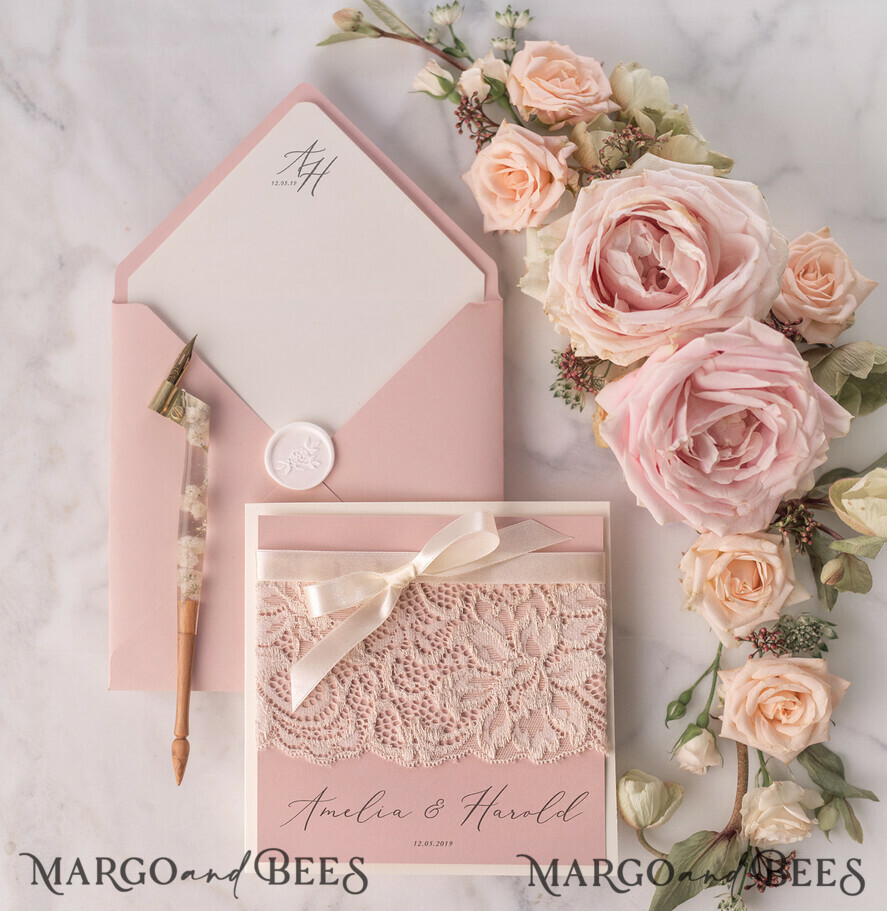 WEDDING INVITATIONS vintage lace/ rustic lace Elegant Wedding Stationery Vintage Lace Presonalized Invitation Ivory Bowl and Moody Rose Pink