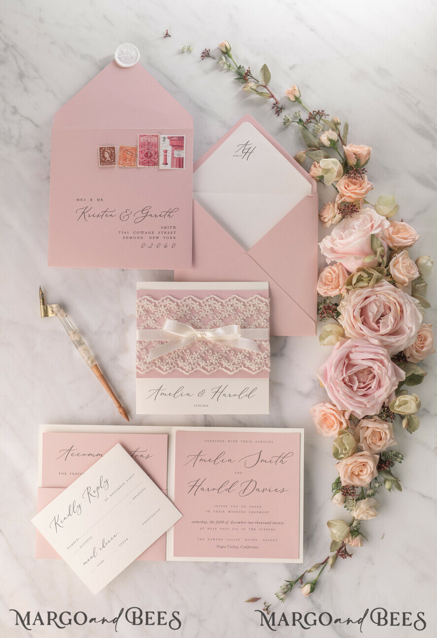 WEDDING INVITATIONS vintage lace/ rustic lace Personalized Wedding invitations Vintage Lace Invites Blush Pink and Ivory