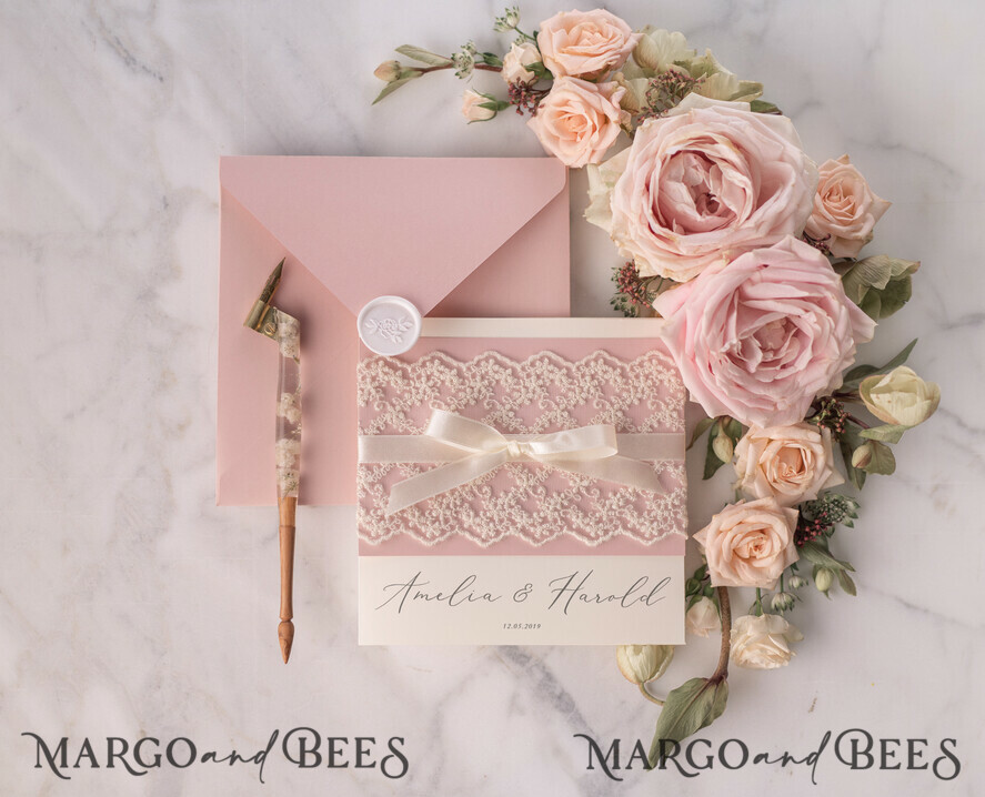 WEDDING INVITATIONS vintage lace/ rustic lace Personalized Wedding invitations Vintage Lace Invites Blush Pink and Ivory