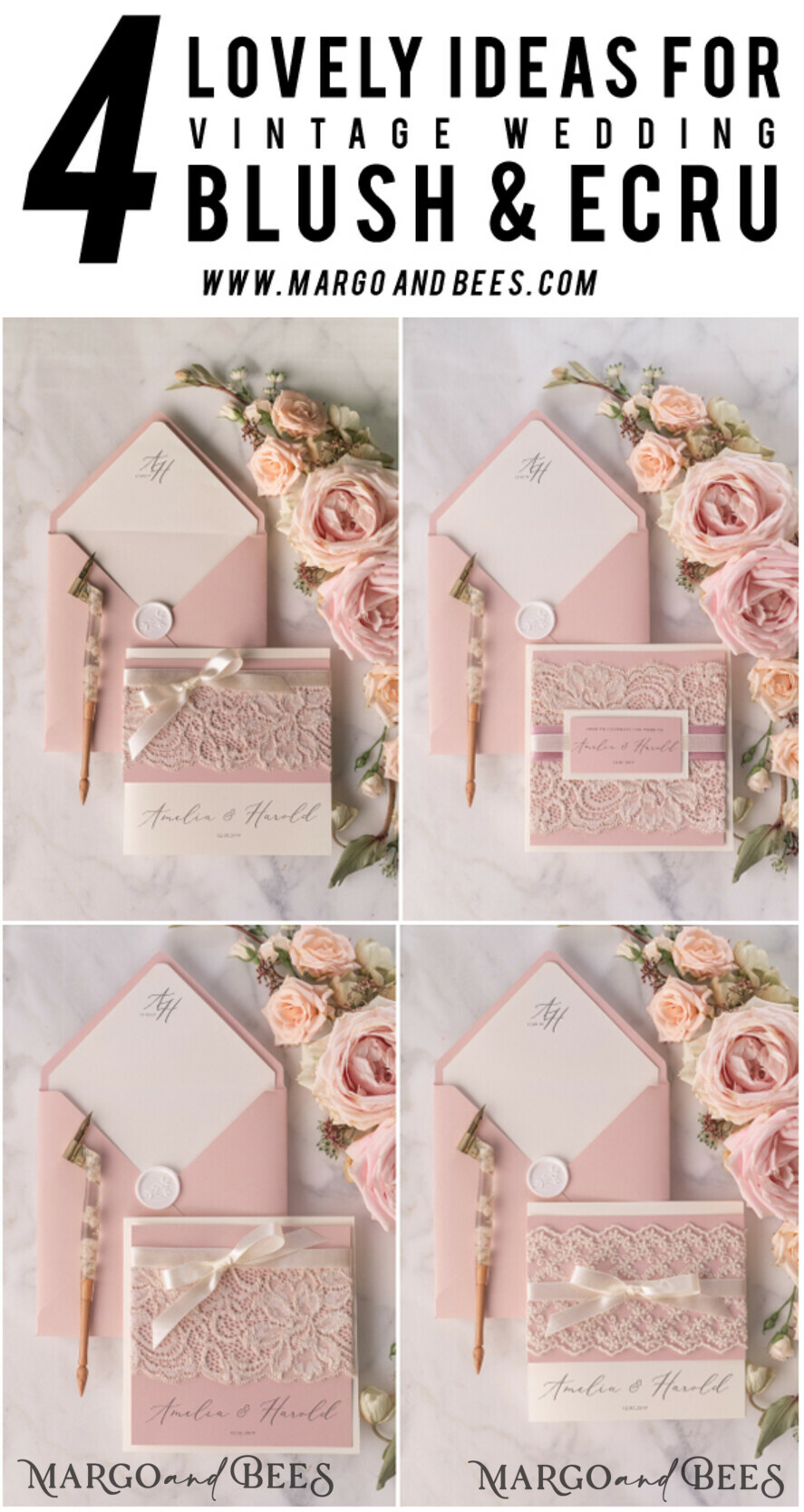 WEDDING INVITATIONS vintage lace/ rustic lace Personalized Wedding invitations Vintage Lace Invites Blush Pink and Ivory