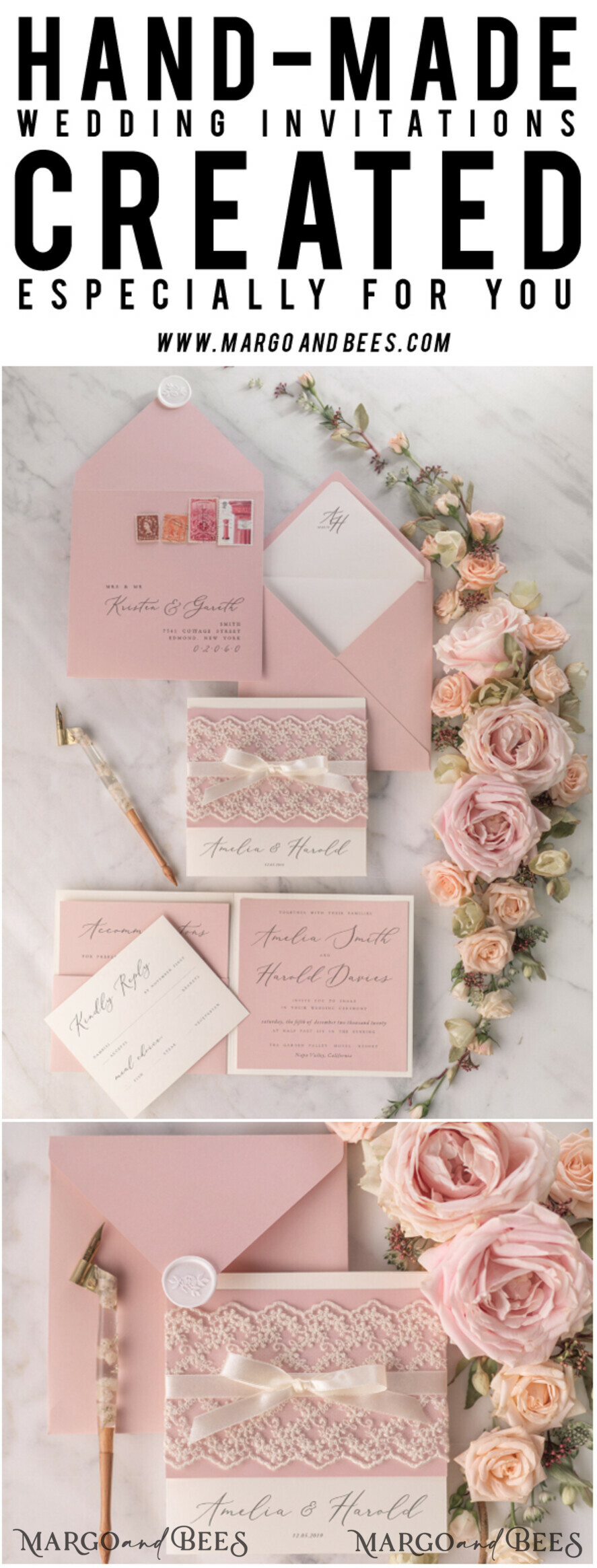 WEDDING INVITATIONS vintage lace/ rustic lace Personalized Wedding invitations Vintage Lace Invites Blush Pink and Ivory