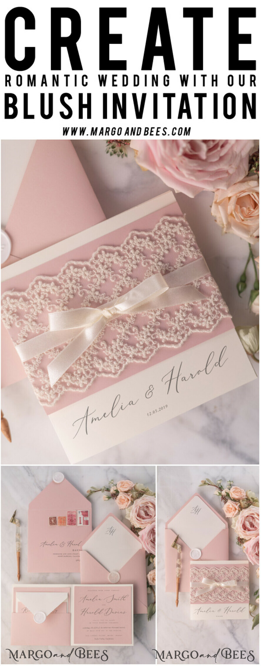 WEDDING INVITATIONS vintage lace/ rustic lace Personalized Wedding invitations Vintage Lace Invites Blush Pink and Ivory