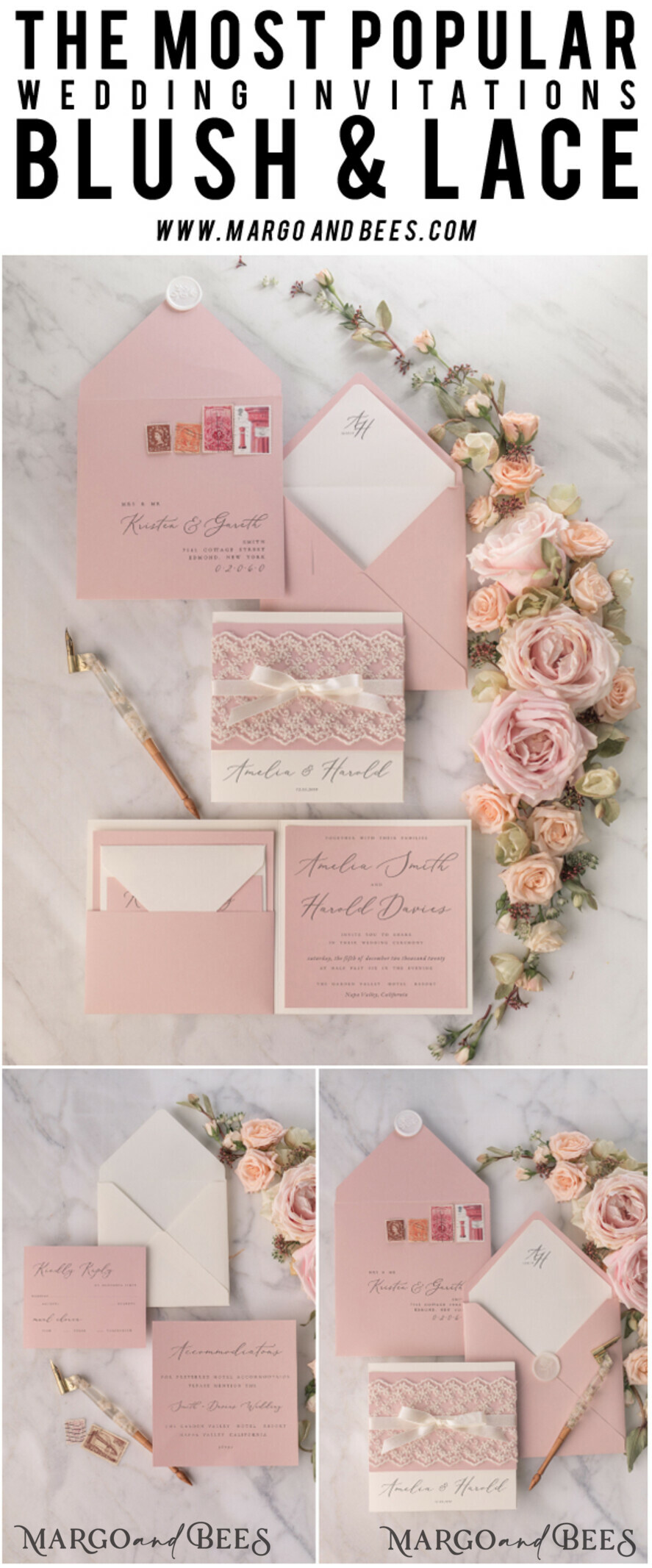 WEDDING INVITATIONS vintage lace/ rustic lace Personalized Wedding invitations Vintage Lace Invites Blush Pink and Ivory