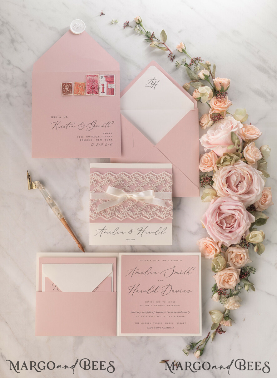 WEDDING INVITATIONS vintage lace/ rustic lace Personalized Wedding invitations Vintage Lace Invites Blush Pink and Ivory