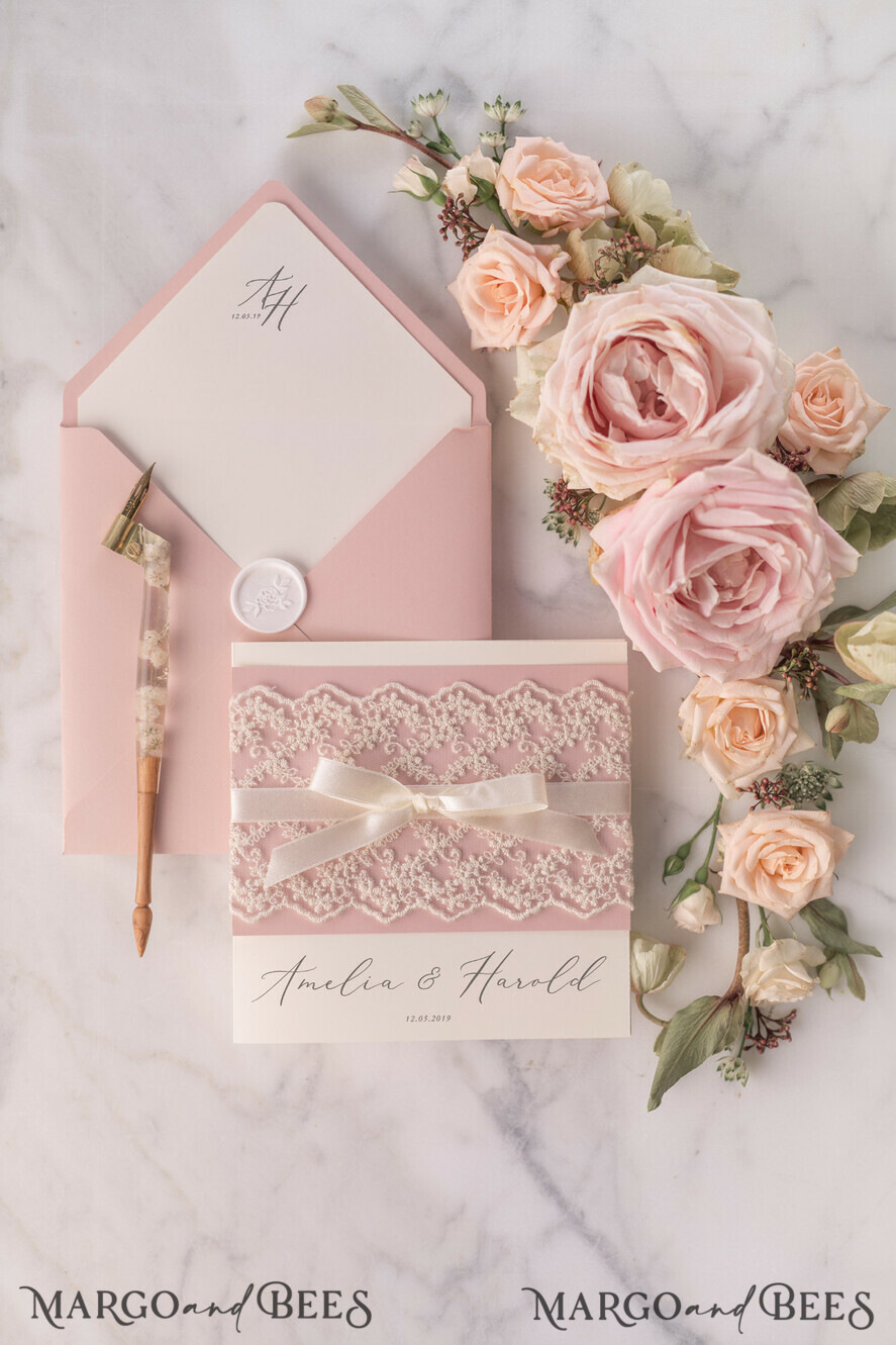 WEDDING INVITATIONS vintage lace/ rustic lace Personalized Wedding invitations Vintage Lace Invites Blush Pink and Ivory
