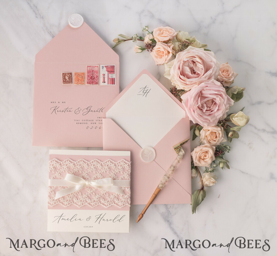 WEDDING INVITATIONS vintage lace/ rustic lace Personalized Wedding invitations Vintage Lace Invites Blush Pink and Ivory