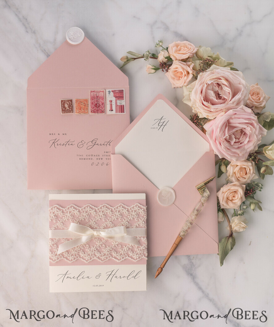 WEDDING INVITATIONS vintage lace/ rustic lace Personalized Wedding invitations Vintage Lace Invites Blush Pink and Ivory