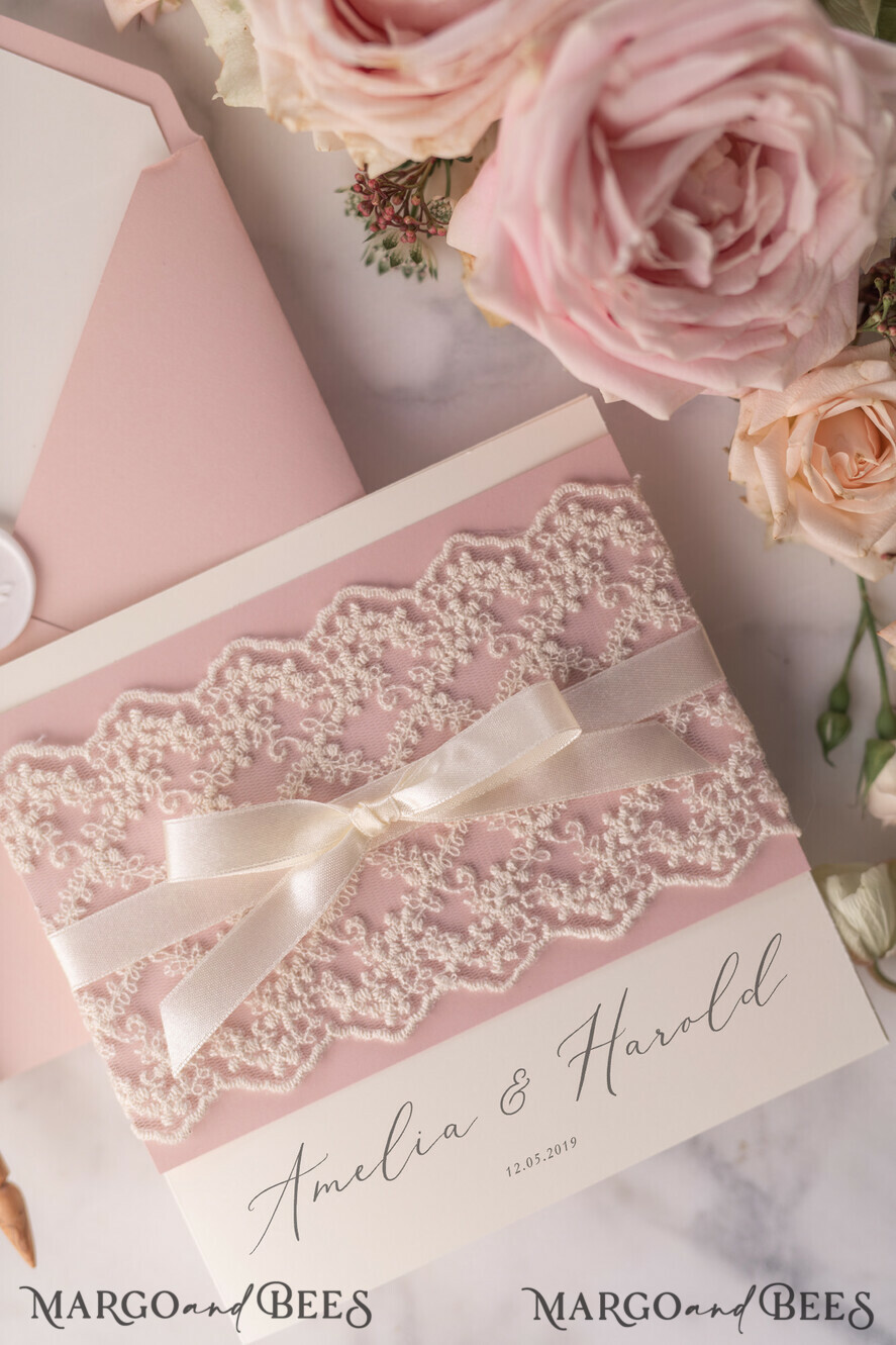 WEDDING INVITATIONS vintage lace/ rustic lace Personalized Wedding invitations Vintage Lace Invites Blush Pink and Ivory