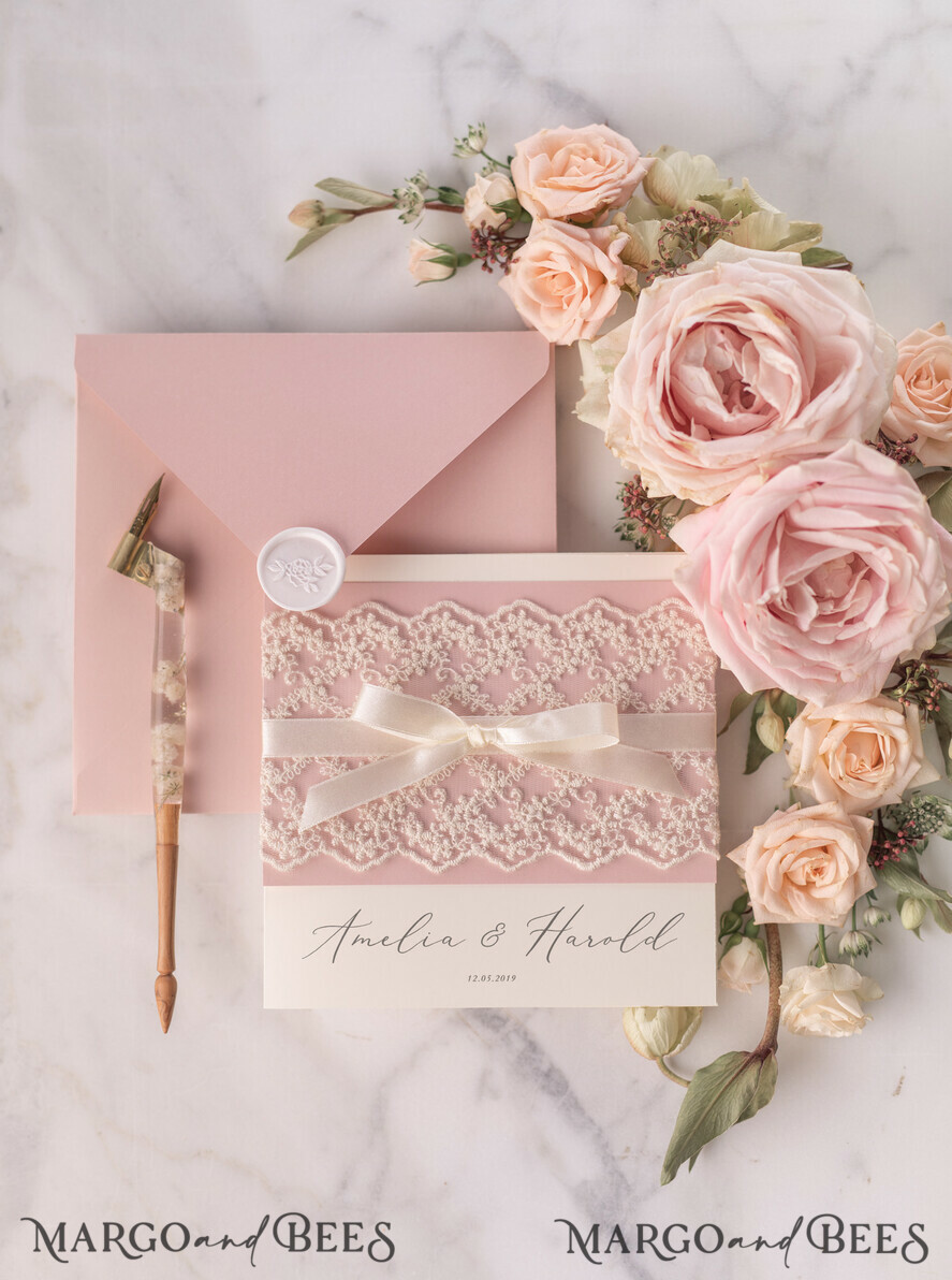 WEDDING INVITATIONS vintage lace/ rustic lace Personalized Wedding invitations Vintage Lace Invites Blush Pink and Ivory