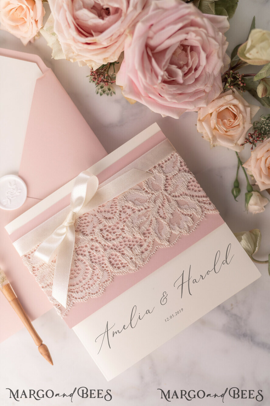 WEDDING INVITATIONS vintage lace/ rustic lace Vintage Lace Ivory Wedding Invitations Elegant Invites Ivory Ribbon and Bow with Blush