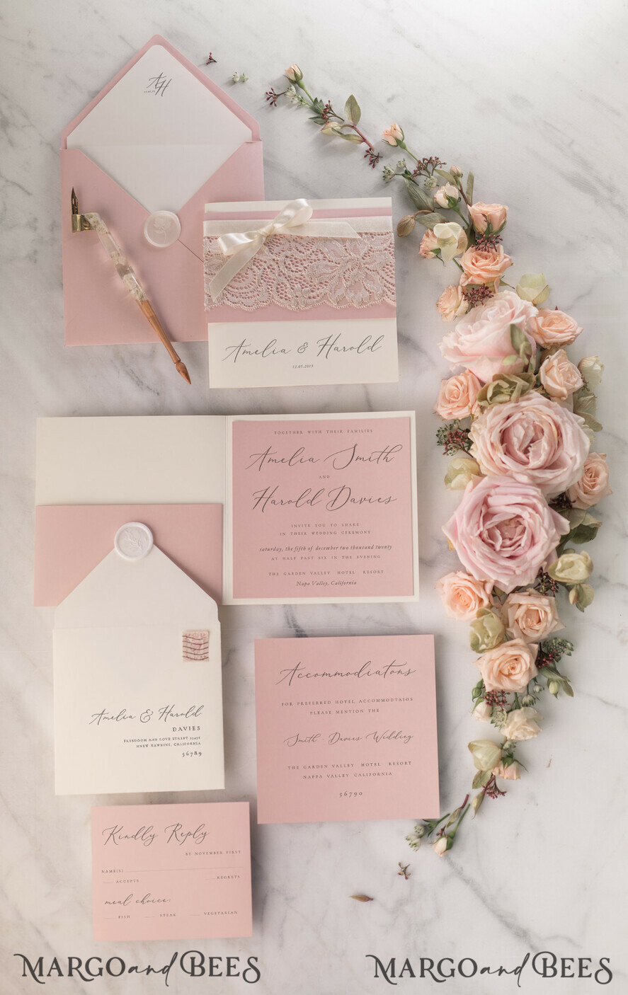 WEDDING INVITATIONS vintage lace/ rustic lace Vintage Lace Ivory Wedding Invitations Elegant Invites Ivory Ribbon and Bow with Blush