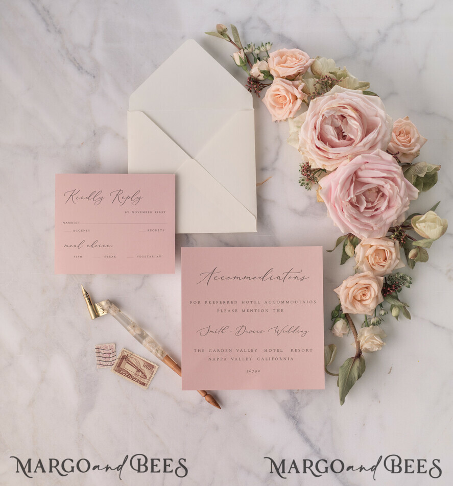 WEDDING INVITATIONS vintage lace/ rustic lace Vintage Lace Ivory Wedding Invitations Elegant Invites Ivory Ribbon and Bow with Blush