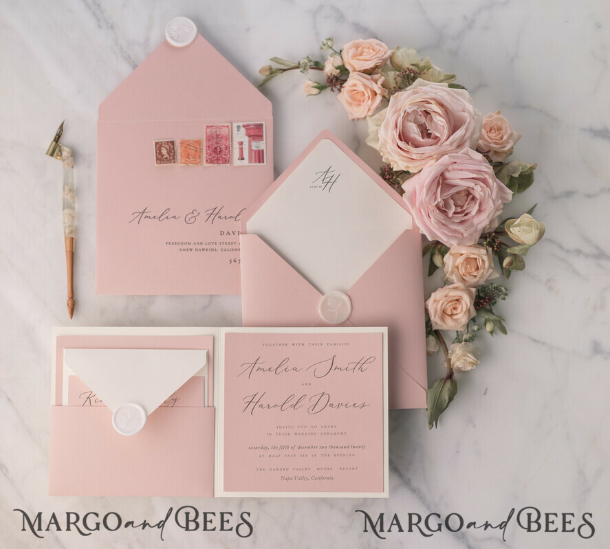 WEDDING INVITATIONS vintage lace/ rustic lace Vintage Lace Ivory Wedding Invitations Elegant Invites Ivory Ribbon and Bow with Blush