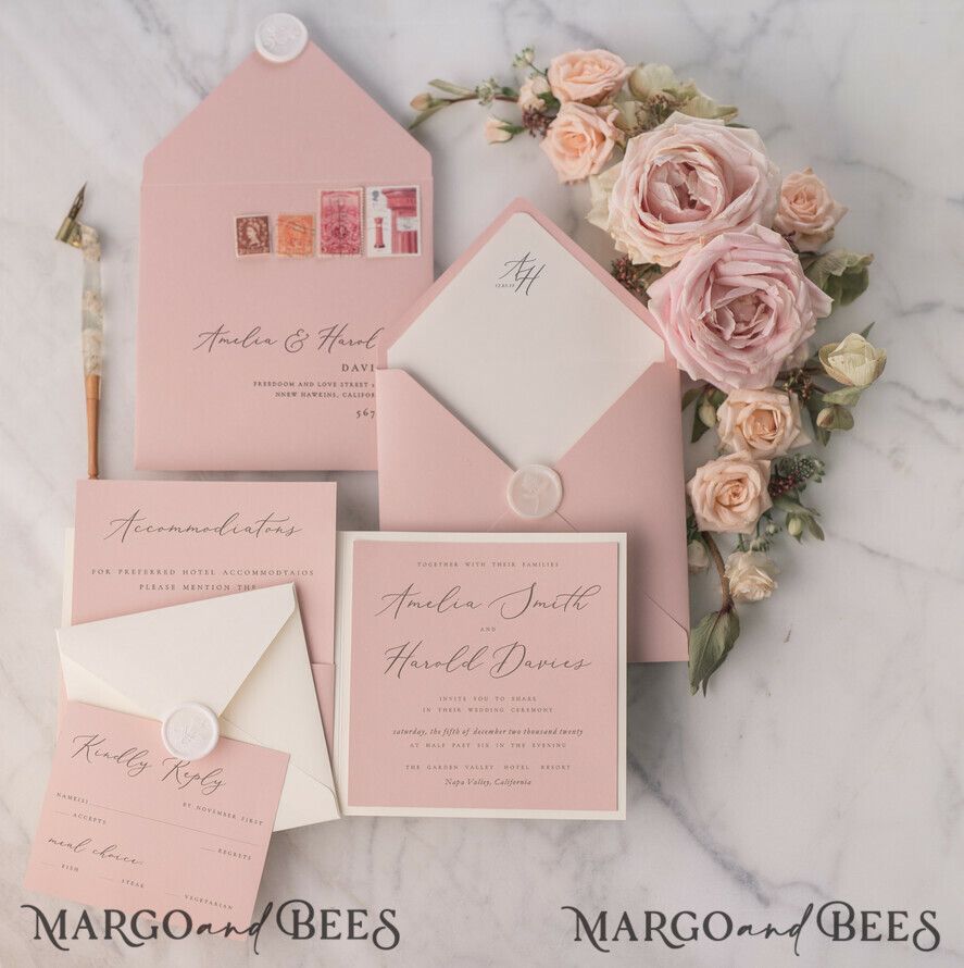 WEDDING INVITATIONS vintage lace/ rustic lace Vintage Lace Ivory Wedding Invitations Elegant Invites Ivory Ribbon and Bow with Blush