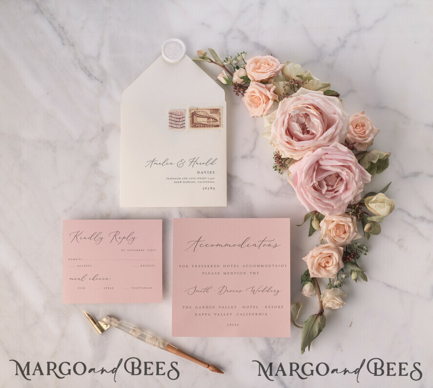 WEDDING INVITATIONS vintage lace/ rustic lace Vintage Lace Ivory Wedding Invitations Elegant Invites Ivory Ribbon and Bow with Blush