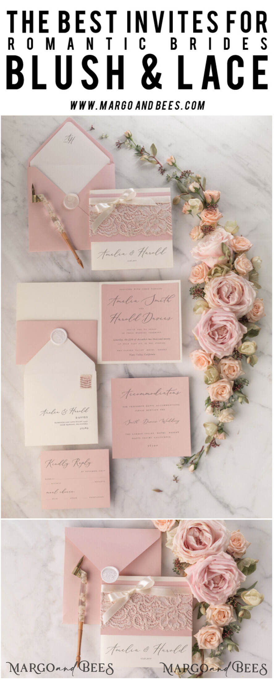 WEDDING INVITATIONS vintage lace/ rustic lace Vintage Lace Ivory Wedding Invitations Elegant Invites Ivory Ribbon and Bow with Blush