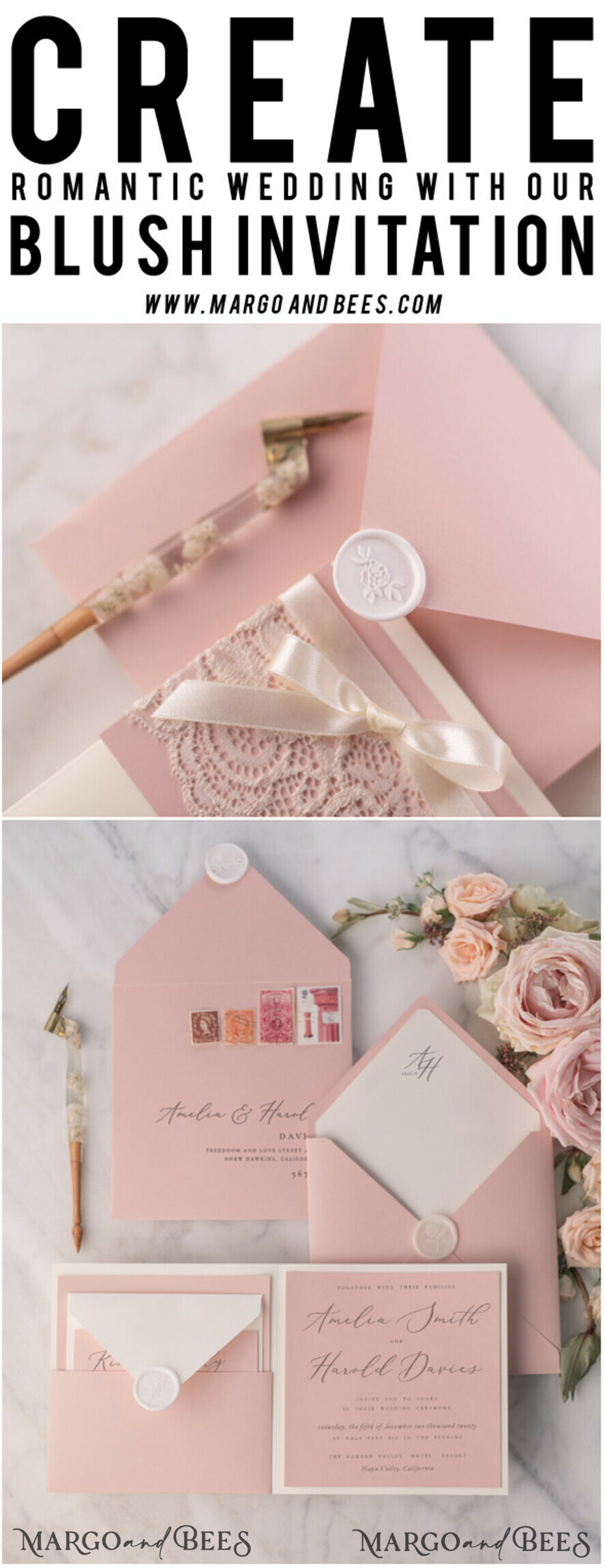 WEDDING INVITATIONS vintage lace/ rustic lace Vintage Lace Ivory Wedding Invitations Elegant Invites Ivory Ribbon and Bow with Blush
