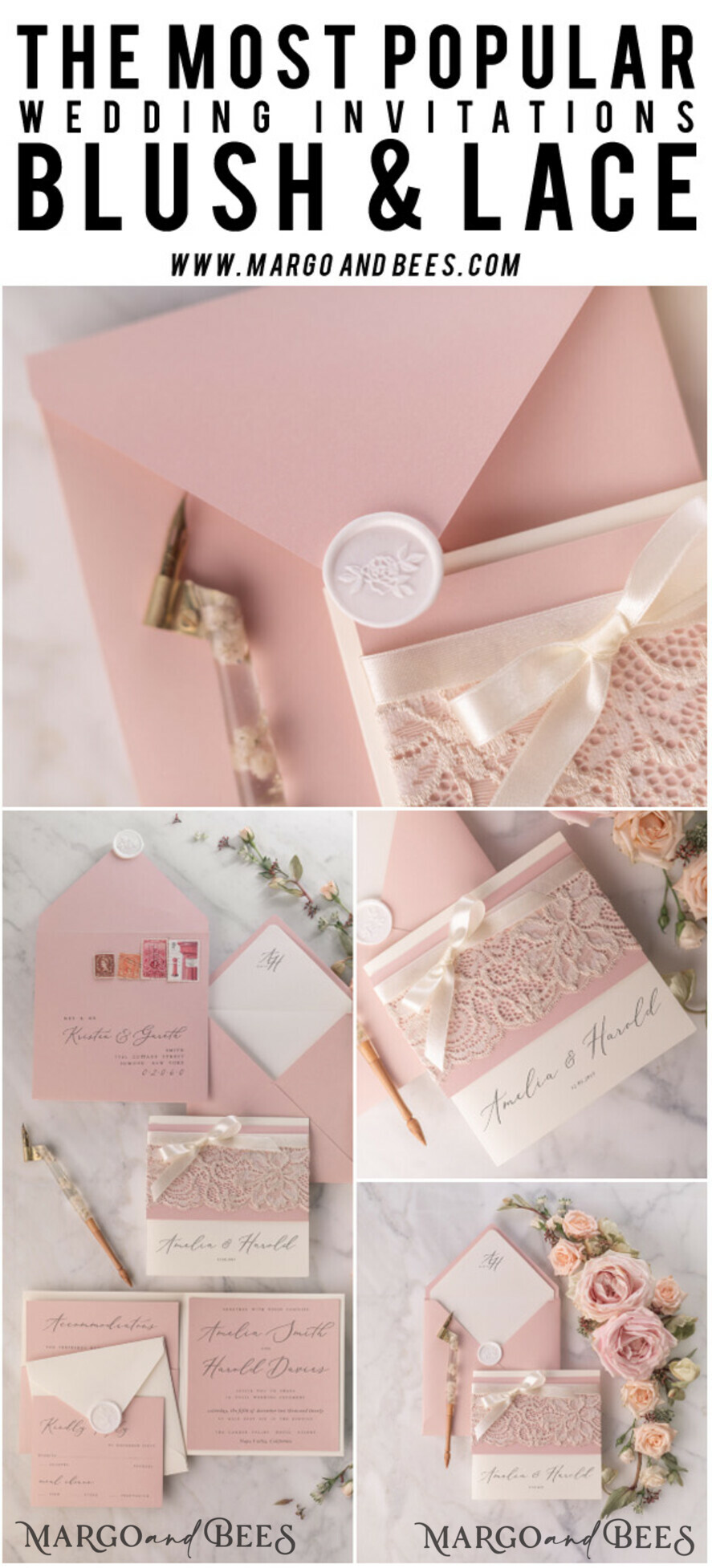 WEDDING INVITATIONS vintage lace/ rustic lace Vintage Lace Ivory Wedding Invitations Elegant Invites Ivory Ribbon and Bow with Blush
