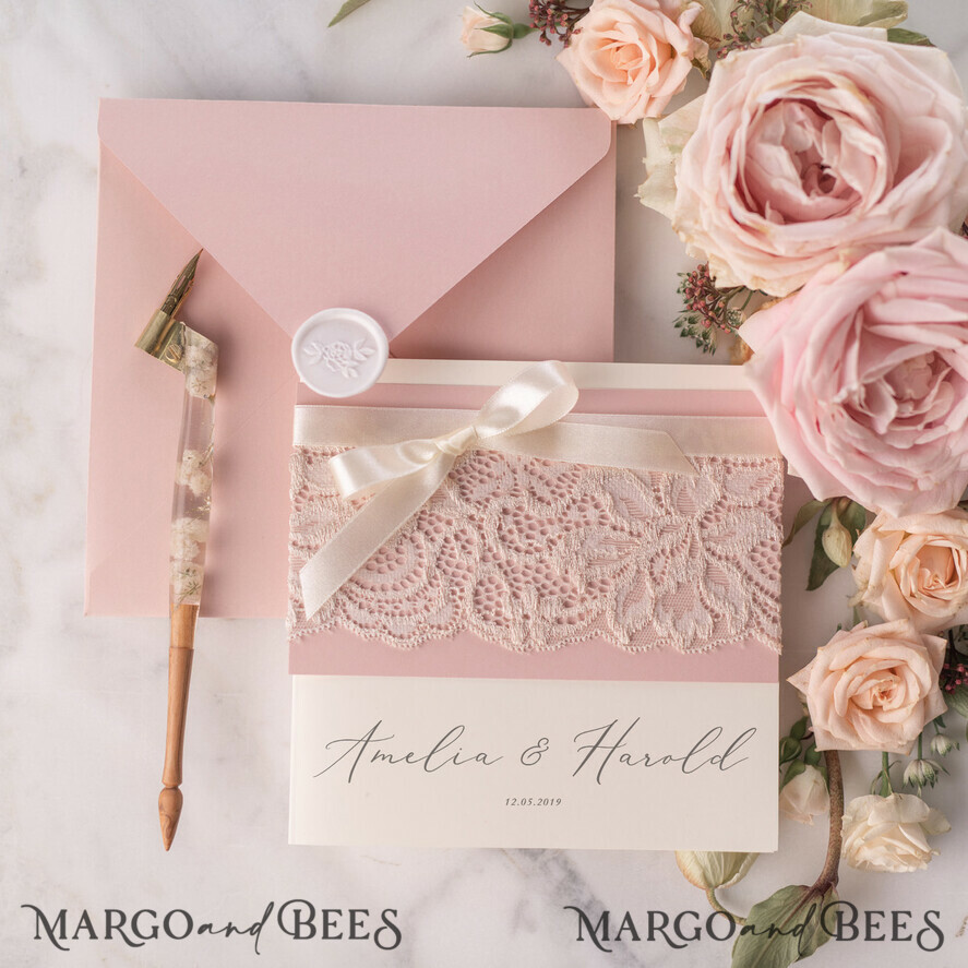 WEDDING INVITATIONS vintage lace/ rustic lace Vintage Lace Ivory Wedding Invitations Elegant Invites Ivory Ribbon and Bow with Blush
