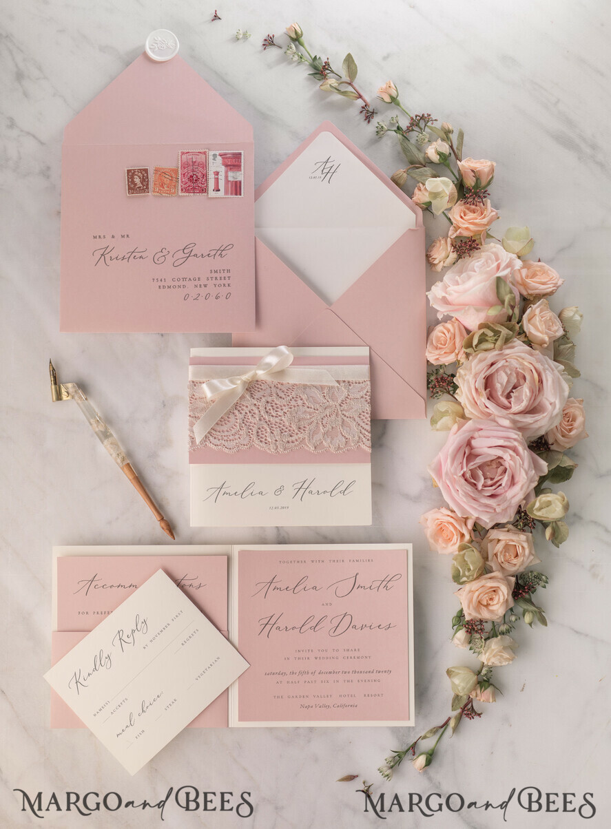WEDDING INVITATIONS vintage lace/ rustic lace Vintage Lace Ivory Wedding Invitations Elegant Invites Ivory Ribbon and Bow with Blush