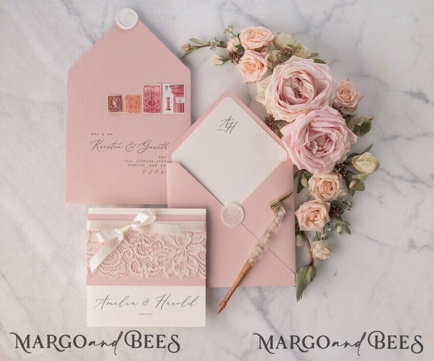 WEDDING INVITATIONS vintage lace/ rustic lace Vintage Lace Ivory Wedding Invitations Elegant Invites Ivory Ribbon and Bow with Blush