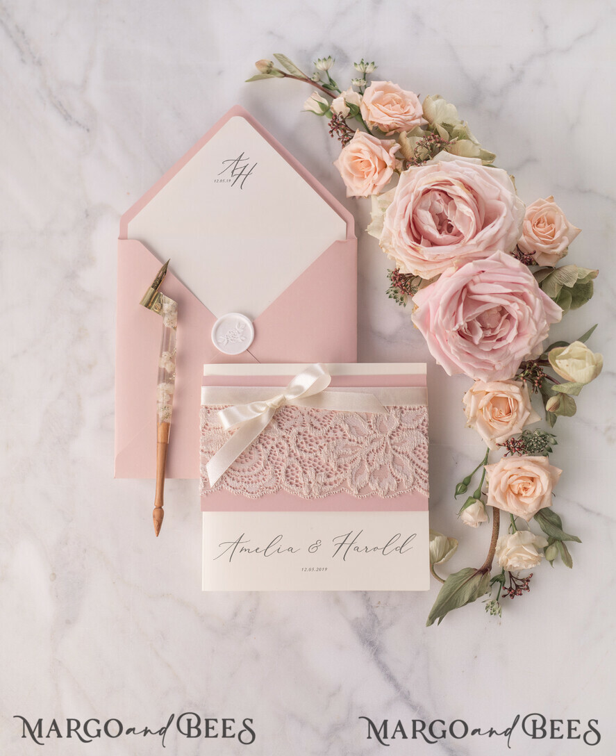 WEDDING INVITATIONS vintage lace/ rustic lace Vintage Lace Ivory Wedding Invitations Elegant Invites Ivory Ribbon and Bow with Blush