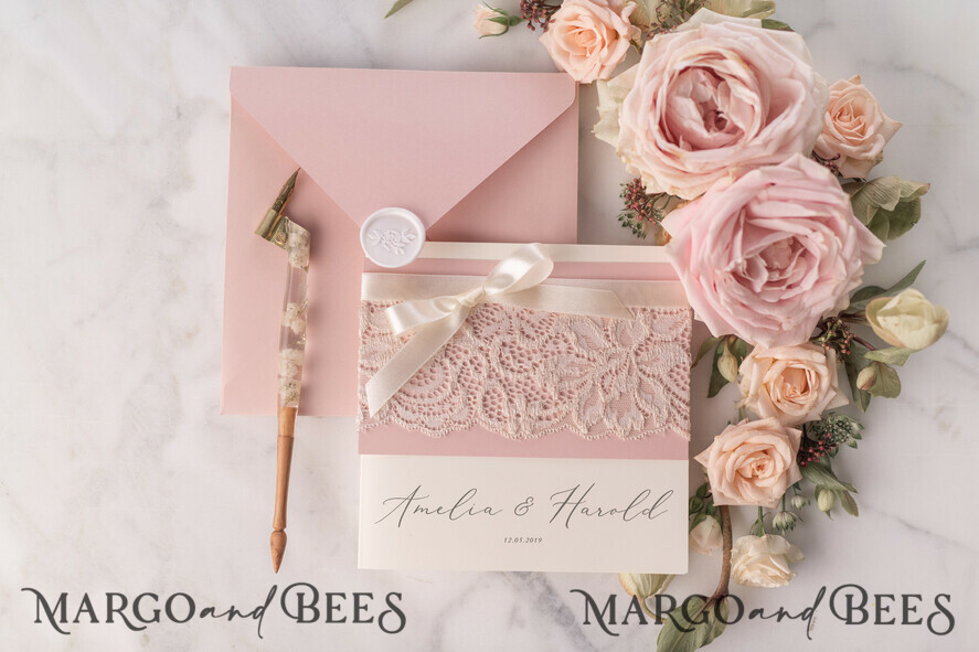 WEDDING INVITATIONS vintage lace/ rustic lace Vintage Lace Ivory Wedding Invitations Elegant Invites Ivory Ribbon and Bow with Blush