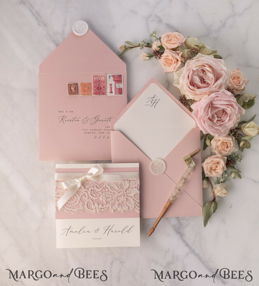 WEDDING INVITATIONS vintage lace/ rustic lace Vintage Lace Ivory Wedding Invitations Elegant Invites Ivory Ribbon and Bow with Blush