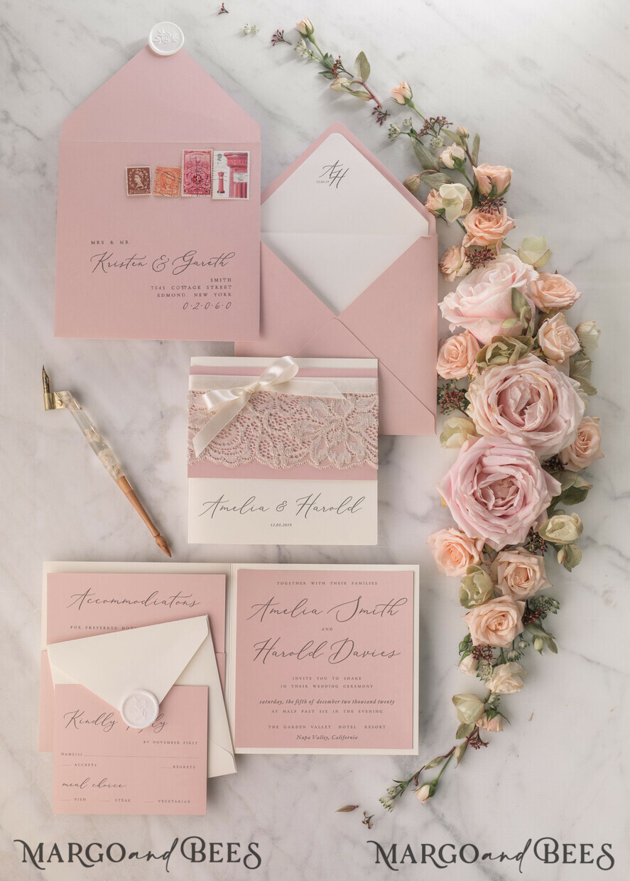WEDDING INVITATIONS vintage lace/ rustic lace Vintage Lace Ivory Wedding Invitations Elegant Invites Ivory Ribbon and Bow with Blush