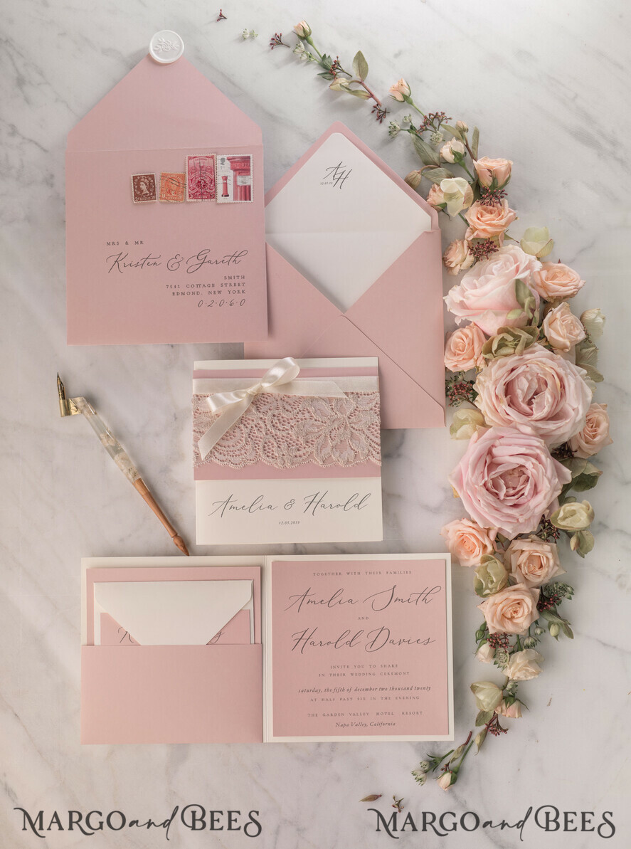 WEDDING INVITATIONS vintage lace/ rustic lace Vintage Lace Ivory Wedding Invitations Elegant Invites Ivory Ribbon and Bow with Blush
